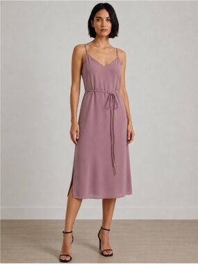 Lulus Mauve Dusty Pink Chiffon V-Neck Tie Waist Midi Dress Side Slits Size S NWT